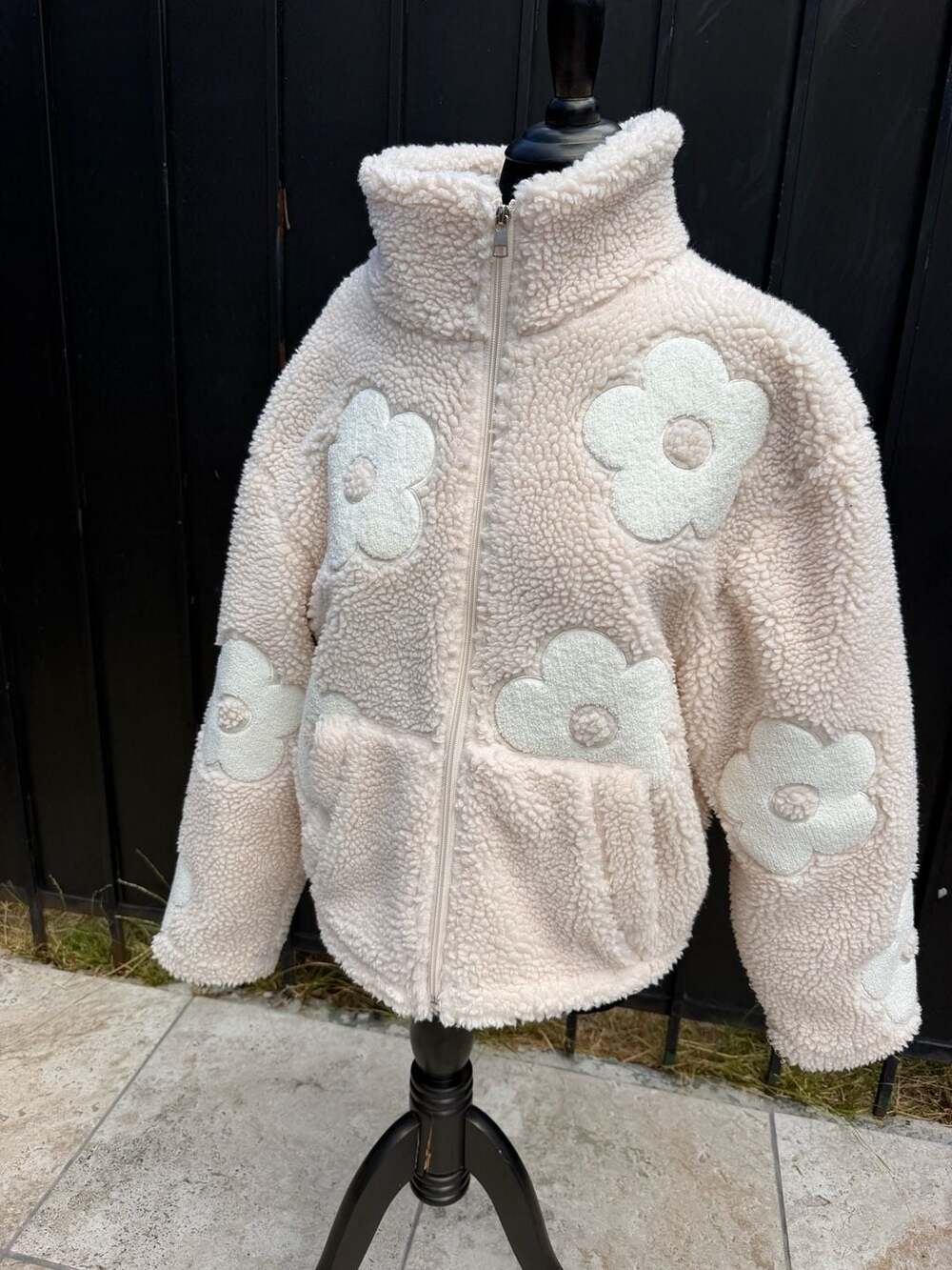 Mark Edwards Studio Cream Floral Teddy Sherpa Zip Up Jacket Size Small
